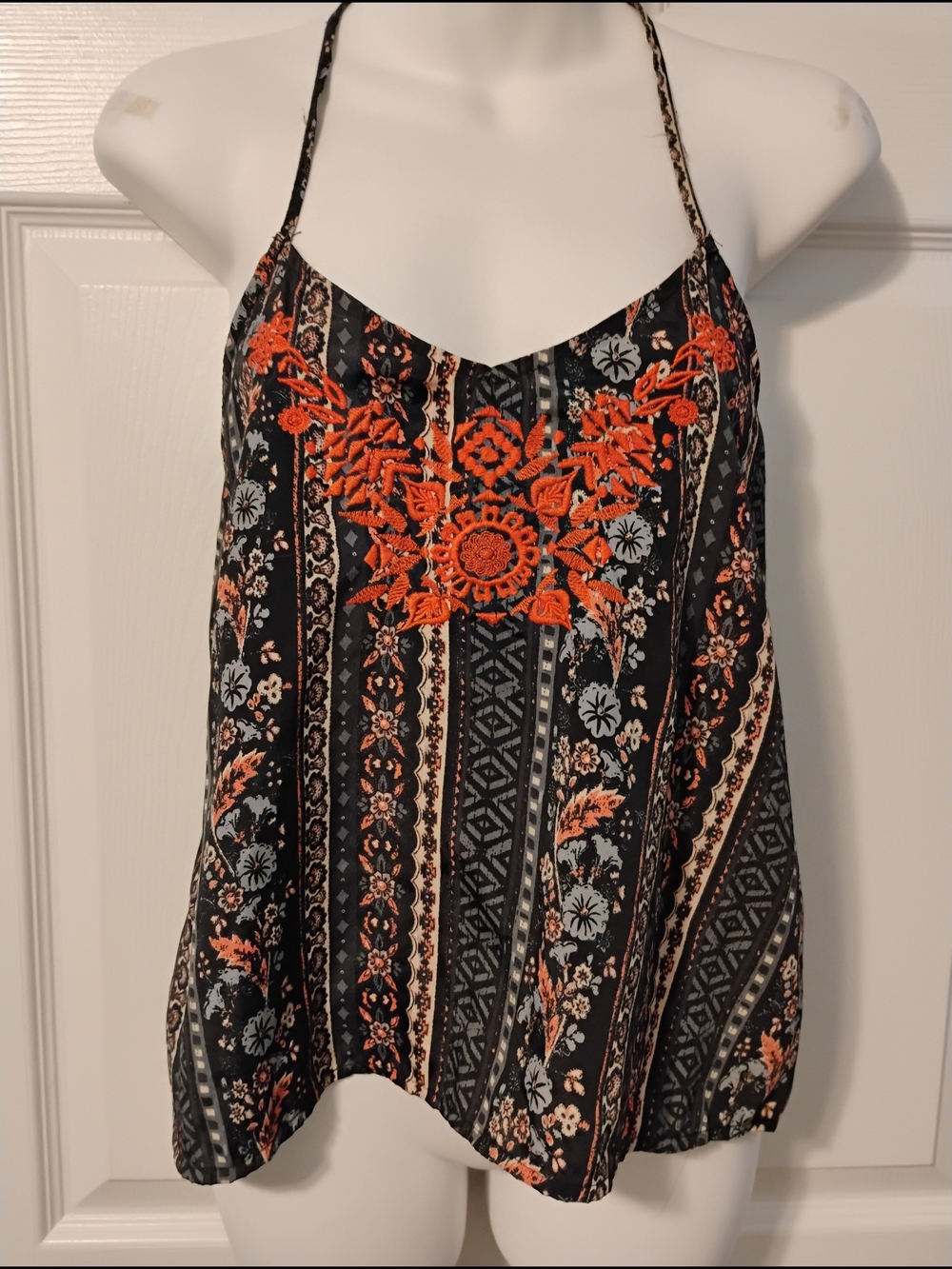 Hollister Black Cami with Orange Floral Embroidery